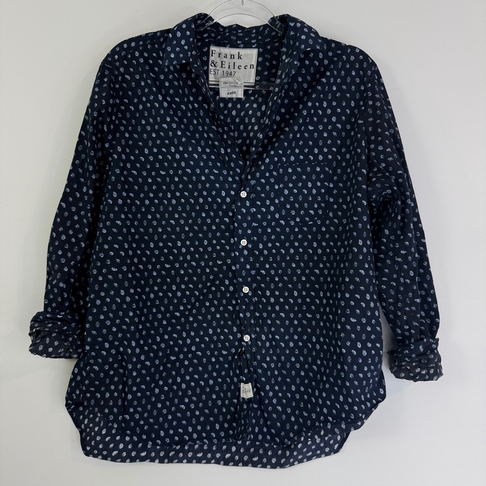 Frank & Eileen Eileen Shirt Womens M Navy Blue Cotton Dot Button Up Long Sleeve